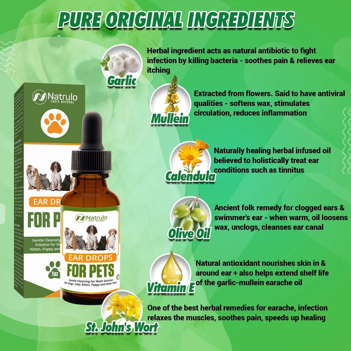Natural Ear Cleaner for Dogs, Cats, Kitten, Puppy – Gentle Cleansing Ear Wash Solution Mite Infection & Yeast Treatment for Pets – Drying, Healing Medicinal Ear Cleaning Drops Made in USA