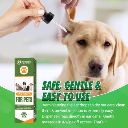 Natural Ear Cleaner for Dogs, Cats, Kitten, Puppy – Gentle Cleansing Ear Wash Solution Mite Infection & Yeast Treatment for Pets – Drying, Healing Medicinal Ear Cleaning Drops Made in USA