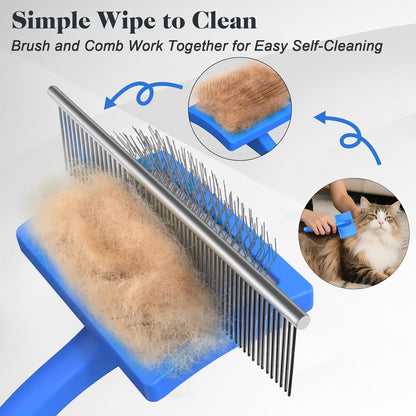 2PCS Slicker Brush for Dogs & Pet Comb,Professional Dog Grooming Brush (Goldendoodles,Poodles,Labradoodles) with Extra Long Pins to Effectively Remove Tangles, Knots and Mats (Blue, Medium)